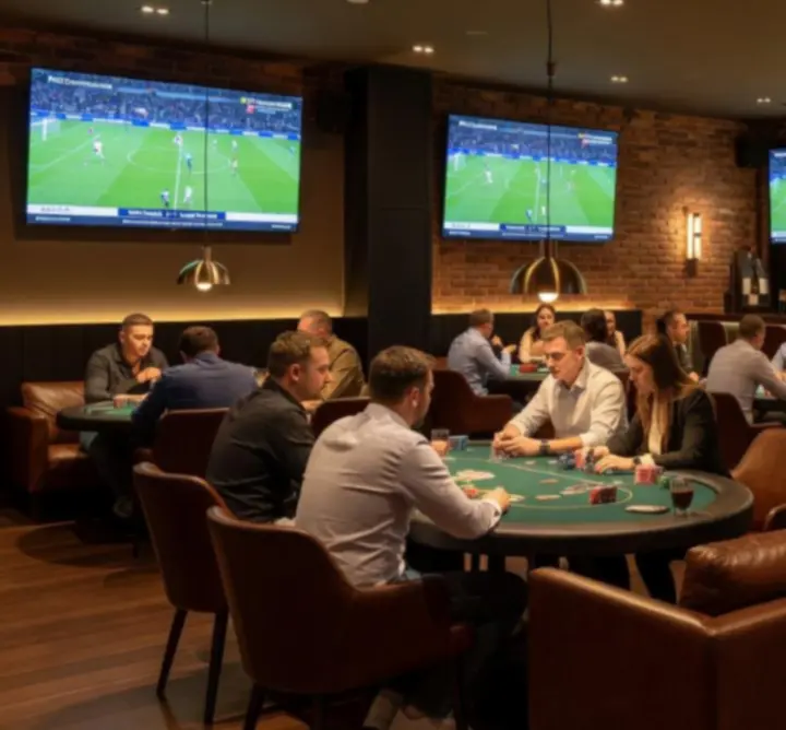 Nowoczesne wnętrze GG-299-783 LIMITED z połączoną strefą pokerową, barem i ekranami sportowymi.